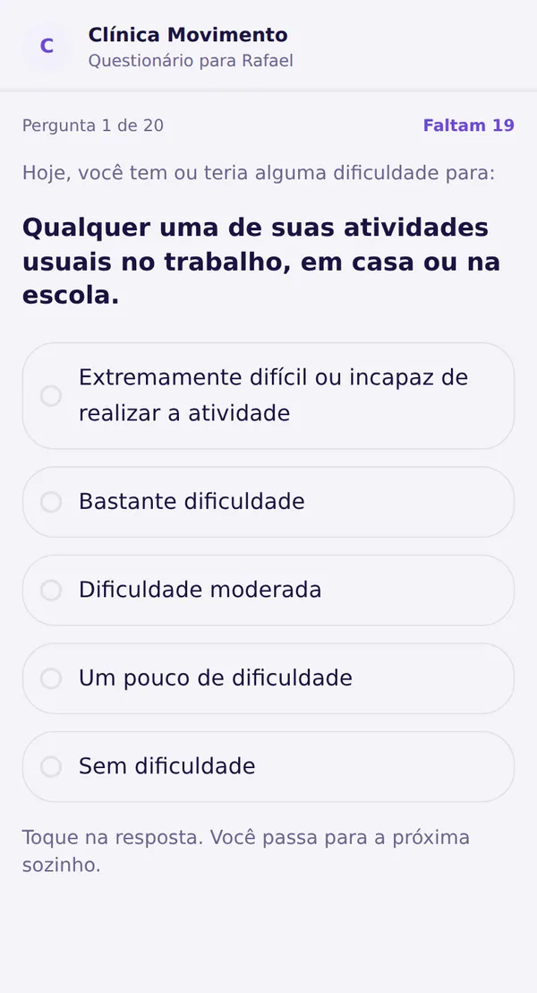 Questionário LEFS aberto pelo link no celular do paciente, na pergunta 1 de 20, com as cinco opções de resposta.